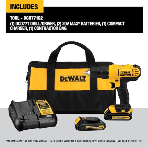 DEWALT 20V Max Cordless Drill/Driver Kit, Compact, 1/2-Inch (DCD771C2), Yellow