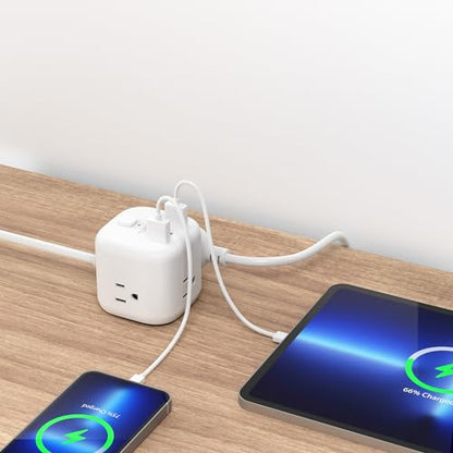 Amazon Basics Power Strip Cube 3 Outlet 3 USB Ports, 1 USB-C(15W) and 2 USB-A(12W), 5 ft Extension Cord, Home, Office, Travel, White