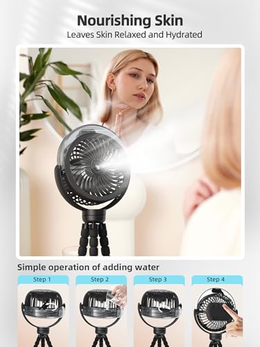 Misting Stroller Fan, 6000mAh Battery Operated Portable Fan with Light & 360° Pivoting, Personal Fan with Flexible Tripod for Baby, Office, Travel,Treadmill,Outdoors