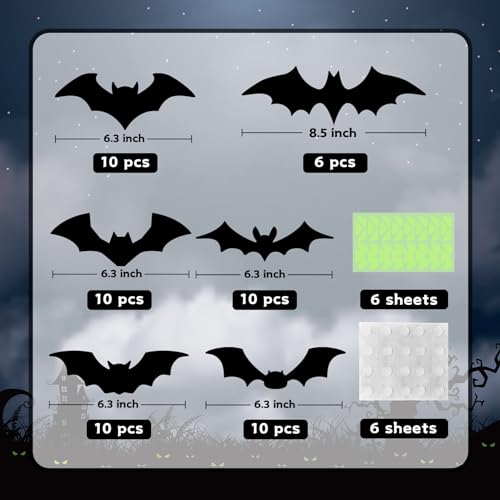 Halloween Decorations Indoor - Bats Halloween Decorations Plastic Spooky Scary 3D Bats for Halloween Party Bathroom Kitchen Home Room Outdoor Wall Glow Eyes Bats Stickers Gothic Decor 56 Pcs