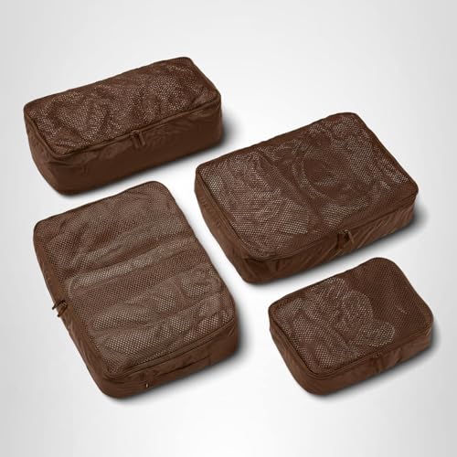 July Packing Cells - 4 Set Packing Cubes Luggage Organizer Bags (S, M, 2 x L), Must-Have Suitcase Organizer for Travel, Road Trip & Camping Accessories, Stain-proof, Washable, 3 Sizes - Dark Brown