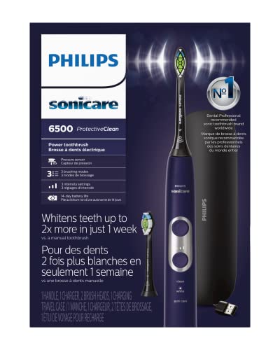 PHILIPS Sonicare Protective Clean 6500 Rechargeable Electric Toothbrush with Charging Travel Case and Extra Brush Head, Deep Purple, 2 Count