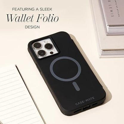 Case-Mate Wallet Folio iPhone 15 Pro Case - Black [12ft Drop Protection] [Compatible with MagSafe] Magnetic Flip Folio Cover Made with Genuine Pebbled Leather, Landscape Stand, Cash, and Card Holder
