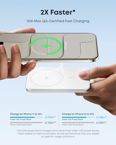 Anker Nano MagSafe Power Bank, Ultra-Slim 5,000mAh Magnetic Wireless Charging Battery, Qi2 Certified 15W Max MagSafe-Compatible Portable Charger, Ergonomic Design, for iPhone Air/17/16 Series
