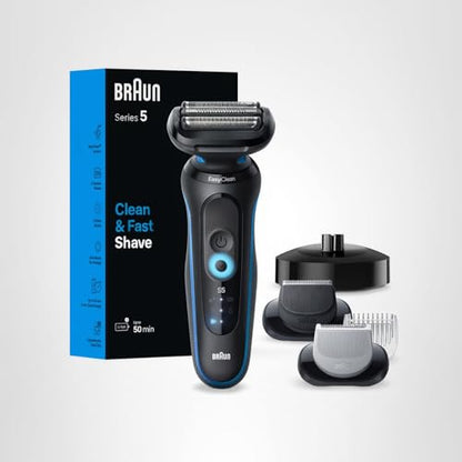Braun Electric Shaver for Men, Series 5 5150cs, Wet & Dry Razor, Turbo Shaving Mode, Foil Shaver, with Beard Trimmer, Body Groomer and Charging Stand, Blue, Holiday Gifts for Men