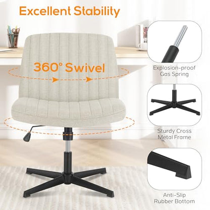 Criss Cross Chair, Cross Legged Office Chair, Wide Comfty Desk Chair, No Wheels Armless Computer Task Chair, Swivel Fabric Vanity Home Chair, Height Adjustable