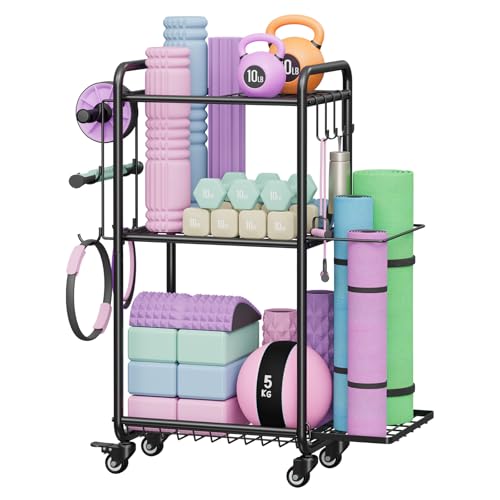 Multi-Functional Home Gym Storage Rack with Wheels and Hooks (Black)
