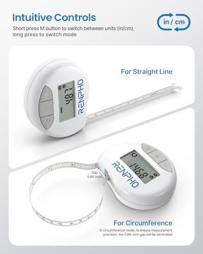 RENPHO Body Measuring Tape, Smart Tape Measure for Weight Loss, Bluetooth Tape with App, Retractable Tape for Measuring Waist, Hip, Bust, Arms, Muscle Gain, Fitness Equipment, 60in /150cm, White