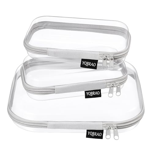 YQBRAO 3-Pack Clear Hard Shell Zipper Case - Grey Edition, 1.2mm Heavy-Duty Crush-Proof Travel Makeup Bag, TSA Approved Clear Zipper Pouches, Rigid Diaper Bag Organizer for Tech & Daily Essentials