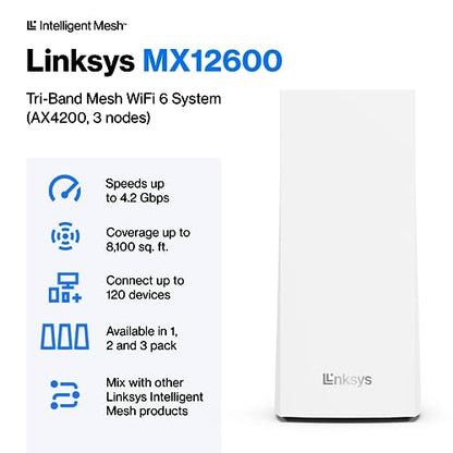 Linksys MX12600 Mesh WiFi Router - AX4200 WiFi 6 Router - Velop Tri-Band WiFi Mesh Router - WiFi 6 Mesh Computer Routers For Wireless Internet - Internet Router - Connect 120+ Devices, 8,100 Sq Ft 3Pk