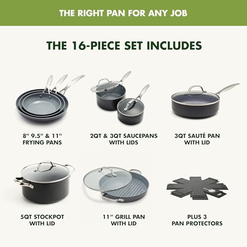 GreenPan Valencia Pro Ceramic Nonstick 16 Piece Cookware Set, Hard Anodized PFAS-Free Pots & Pans, Induction Ready, Compatible on All Cooktops, Dishwasher Safe, Oven Safe to 600F, Gray