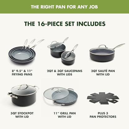 GreenPan Valencia Pro Ceramic Nonstick 16 Piece Cookware Set, Hard Anodized PFAS-Free Pots & Pans, Induction Ready, Compatible on All Cooktops, Dishwasher Safe, Oven Safe to 600F, Gray