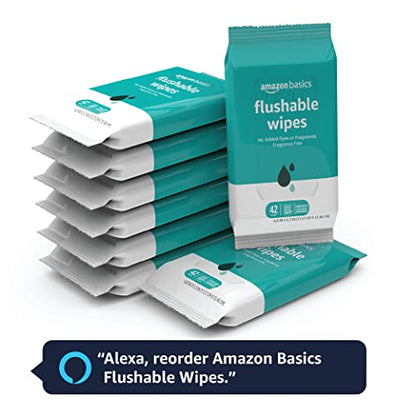 Amazon Basics Flushable Adult Toilet Wipes, Fragrance Free, 336 Count (8 Packs of 42) (Previously Solimo)