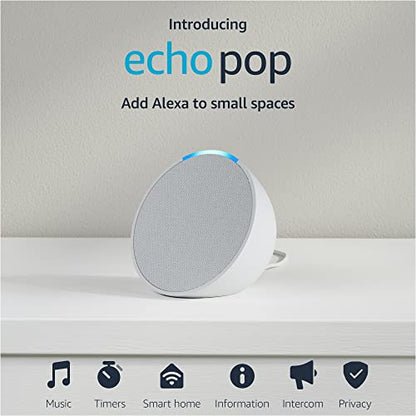 Amazon Echo Pop | Alexa fits in anywhere: bedroom, living room, bathroom, office, and small spaces | Glacier White