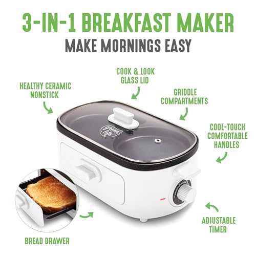 GreenLife 3-in-1 Breakfast Maker Station, Healthy Ceramic Nonstick Dual Griddles for Eggs Meat Sausage Bacon Pancakes and Breakfast Sandwiches, 2 Slice Toast Drawer, Easy-to-use Timer, White