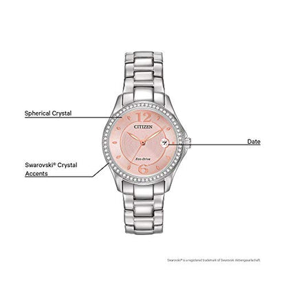 Citizen Women's Eco-Drive Dress Classic Crystal Watch in Stainless Steel, Pink Dial (Model: FE1140-86X)