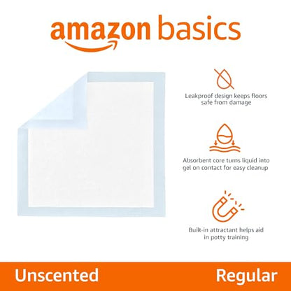 Amazon Basics Dog and Puppy Pee Pads with Leak-Proof Quick-Dry Design for Potty Training, Standard Absorbency, Regular Size, 22 x 22 Inches, Pack of 100, Blue & White