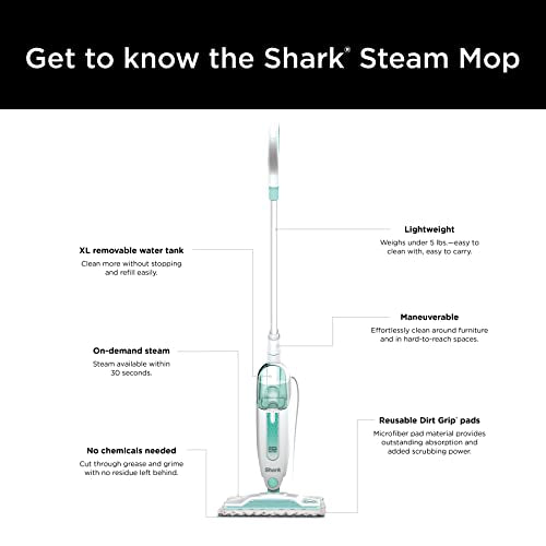 Shark Steam Mop with 2 Machine Washable Dirt Grip Pads, Removable Water Tank, Lightweight, Steam Cleaner for sealed Hard Floors, Marble, Stone, Hardwood, Tile, Laminate, White/Seafoam, S1000