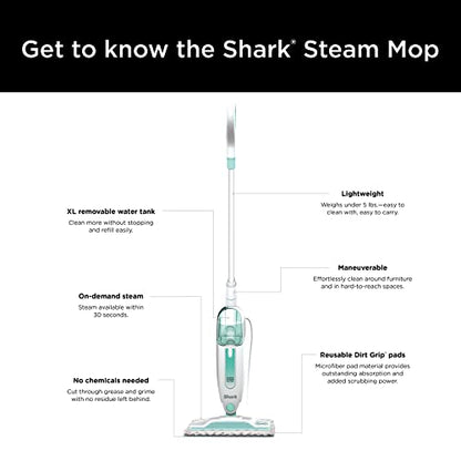 Shark Steam Mop with 2 Machine Washable Dirt Grip Pads, Removable Water Tank, Lightweight, Steam Cleaner for sealed Hard Floors, Marble, Stone, Hardwood, Tile, Laminate, White/Seafoam, S1000