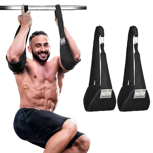 POZTEV Hanging Ab Straps for Pull Up Bar – Heavy Duty Padded Arm Slings with 2 Steel Carabiners for Leg Raises, Core & Abdominal Workout Equipment – Adjustable Gym Ab Straps for Men and Women - Best for Home & Gym Fitness Training (Pair)