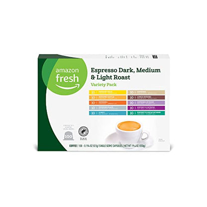 Amazon Fresh Espresso Dark, Medium & Light Roast Aluminum Capsules, Variety Pack, Compatible with Nespresso Original Brewers, 100 Count (10 Packs of 10)