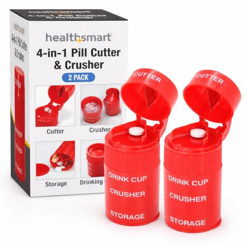 HealthSmart 2 Pack - 4-in-1 Pill Cutter, Crusher & Storage with Drinking Cup, Portable Medication Organizer for Travel, Seniors, Splitter, Pill Box for Small and Tiny to Large Pills – Multi-Tool