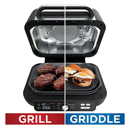 Ninja IG601 Foodi XL 7-in-1 Electric Indoor Grill Combo, use Opened or Closed, Air Fry, Dehydrate & More, Pro Power Grate, Flat Top Griddle, Crisper, Black, 4 Quarts