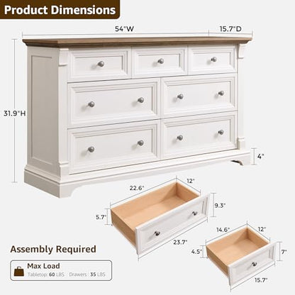 T4TREAM Farmhouse 7 Drawers Dresser for Bedroom, 54" Wide Wood Rustic Chest of Drawers w/Roman Column, Wooden Storage Dressers Organizer for Bedroom, Living Room, Closet, Antique White