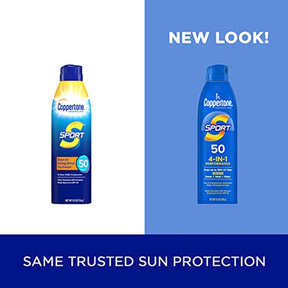 Coppertone Sport Sunscreen Spray SPF 50, Water Resistant Spray Sunscreen, Broad Spectrum SPF 50 Sunscreen, Bulk Sunscreen Pack, 5.5 Oz Bottle, Pack of 3