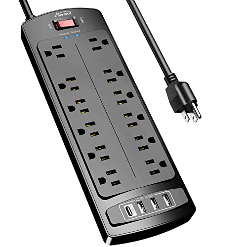 Power Strip, ALESTOR Surge Protector with 12 Outlets and 4 USB Ports, 6 Feet Extension Cord, 2700 Joules, ETL Listed, Black