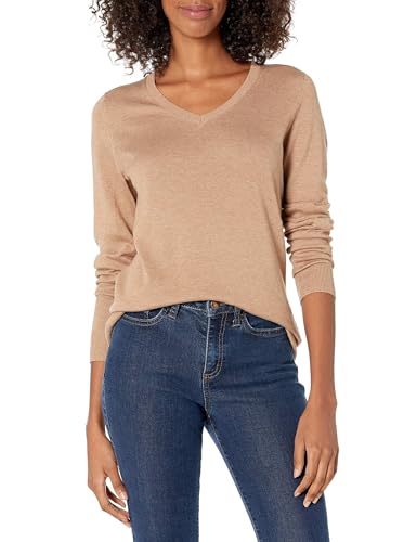 Amazon Essentials Women's Classic-Fit Lightweight Long-Sleeve V-Neck Sweater (Available in Plus Size), Camel Heather, X-Small