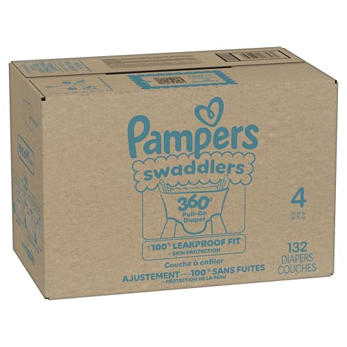 Pampers Diapers - Swaddlers 360° - Size 4, 132 Count, up to 100% Leakproof Comfy Dry Fit, Designed for Easy Changes, Pull On Baby Diaper (Packaging May Vary)