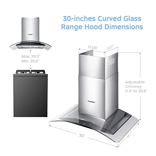 COMFEE' Curved Glass Range Hood 30 Inch 450 CFM 3 Speed Gesture Sensing &Touch Control Panel Stainless Steel kitchen Ductless/Ducted Convertible with Baffle Filters and 2 LED Lights (CVG30W9AST)