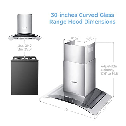 COMFEE' Curved Glass Range Hood 30 Inch 450 CFM 3 Speed Gesture Sensing &Touch Control Panel Stainless Steel kitchen Ductless/Ducted Convertible with Baffle Filters and 2 LED Lights (CVG30W9AST)