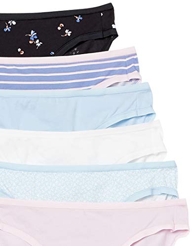 Amazon Essentials Women's Cotton Bikini Brief Underwear (Available in Plus Size), Pack of 6, Black Floral/Blue/Ditsy Floral/Light Pink/Stripe/White, X-Small