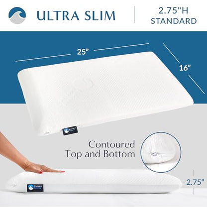 Bluewave Bedding Ultra Slim Gel Memory Foam Pillow for Stomach and Back Sleepers - Thin, Flat Design for Cervical Neck Alignment and Deeper Sleep (2.75-Inches Height, Standard Size)
