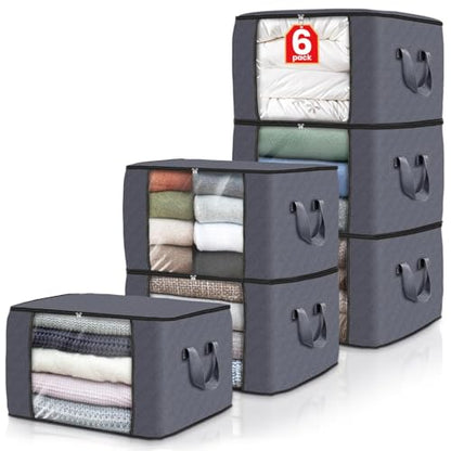 Fab totes 6 Pack Clothes Storage, Foldable Thick Fabric Blanket Storage Bags, Storage Containers for Organizing Bedroom, Closet, Clothing, Comforter, Organization and Storage with Handle,Grey