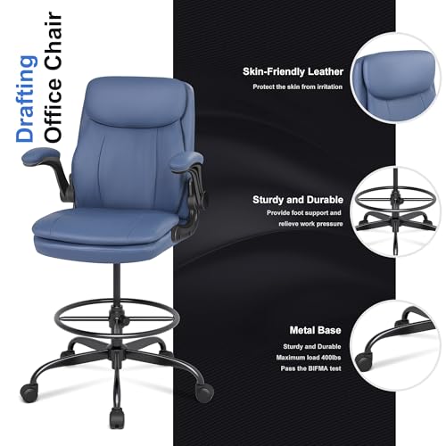 Misolant Leather Drafting Chair, Tall Office Chair for Standing Desk, High Executive Office Chair with Adjustable Height and Flip-up Armrest for Counter Height Desk