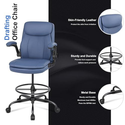 Misolant Leather Drafting Chair, Tall Office Chair for Standing Desk, High Executive Office Chair with Adjustable Height and Flip-up Armrest for Counter Height Desk