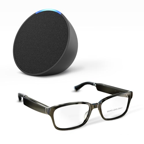 Amazon Echo Frames (3rd Gen) + Echo Pop | Smart glasses with Alexa | Modern Rectangle frames in Charcoal Gray with prescription ready lenses