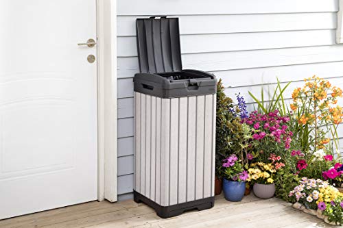 Keter Rockford Resin 38 Gallon Outdoor Kitchen Trash Can with Lid and Drip Tray for Easy Cleaning-Perfect for Patio Dining, Grey