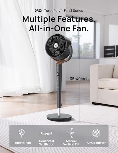 Dreo Fan for Bedroom, 120° Oscillating Standing Fans,Quiet Floor Fan with DC Motor, 85ft Pedestal Fans for Room,8 Speeds, 3 modes, 20dB, 120° Manual Vertical, 35-40" Adjustable Height, 8H Timer,Grey