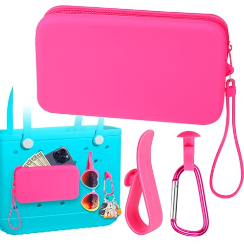 Mity rain Silicone Wallet for Bogg Bag Phone Holder, Accessories Set for Bogg Bag Contain 2PCS Key Holder and a Large Capacity Silicone Zipper Bag for Beach Bags Tote Bag (Rosa)