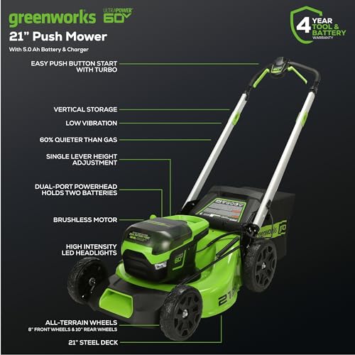 Greenworks 60V 21” Cordless (Push) Lawn Mower (LED Lights + Aluminum Handles), 5.0Ah Battery and Rapid Charger