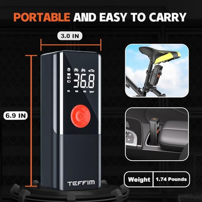 Teffim Tire Inflator Portable Air Compressor with Digital Pressure Gauge, 12V Smart Air Pump for Car Tires, Motorcycle, SUV, Electric Bike, Bicycle, Sports Balls with 10000mAh Battery & LED Light