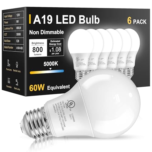 TJOY 6 Pack LED Light Bulbs 60 Watt Equivalent, Daylight White 5000K A19