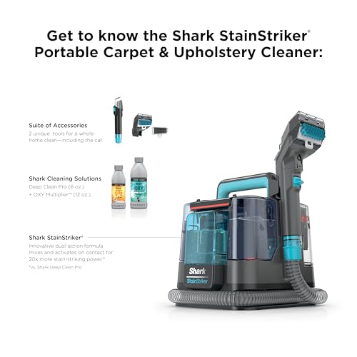 Shark StainStriker Portable Carpet & Upholstery Cleaner w/on board self cleaning - Spot, Stain, & Odor Eliminator, Includes 2 Cleaning Tools & 2 Cleaning Solutions, Charcoal, PX221BRN