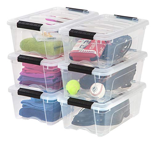 IRIS USA 13 Qt Stackable Plastic Storage Bins with Lids, 6 Pack - BPA-Free, Made in USA - See-Through Organizing Solution, Latches, Durable Nestable Containers, Secure Pull Handle - Clear