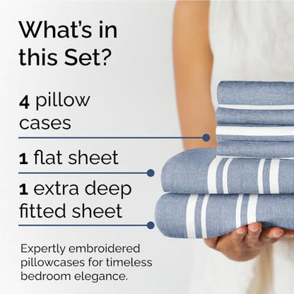 Extra Deep Queen Sheet Set - 6 Piece Breathable & Cooling Sheets - Hotel Luxury Bedding Set w/18-24 Inch Extra Deep Pockets - Easy & Secure Fit - Soft, Wrinkle Free & Comfy - Blue Stripes, Queen Size