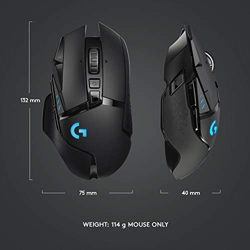 Logitech G502 Lightspeed Wireless Gaming Mouse with Hero 25K Sensor, PowerPlay Compatible, Tunable Weights and Lightsync RGB - Black